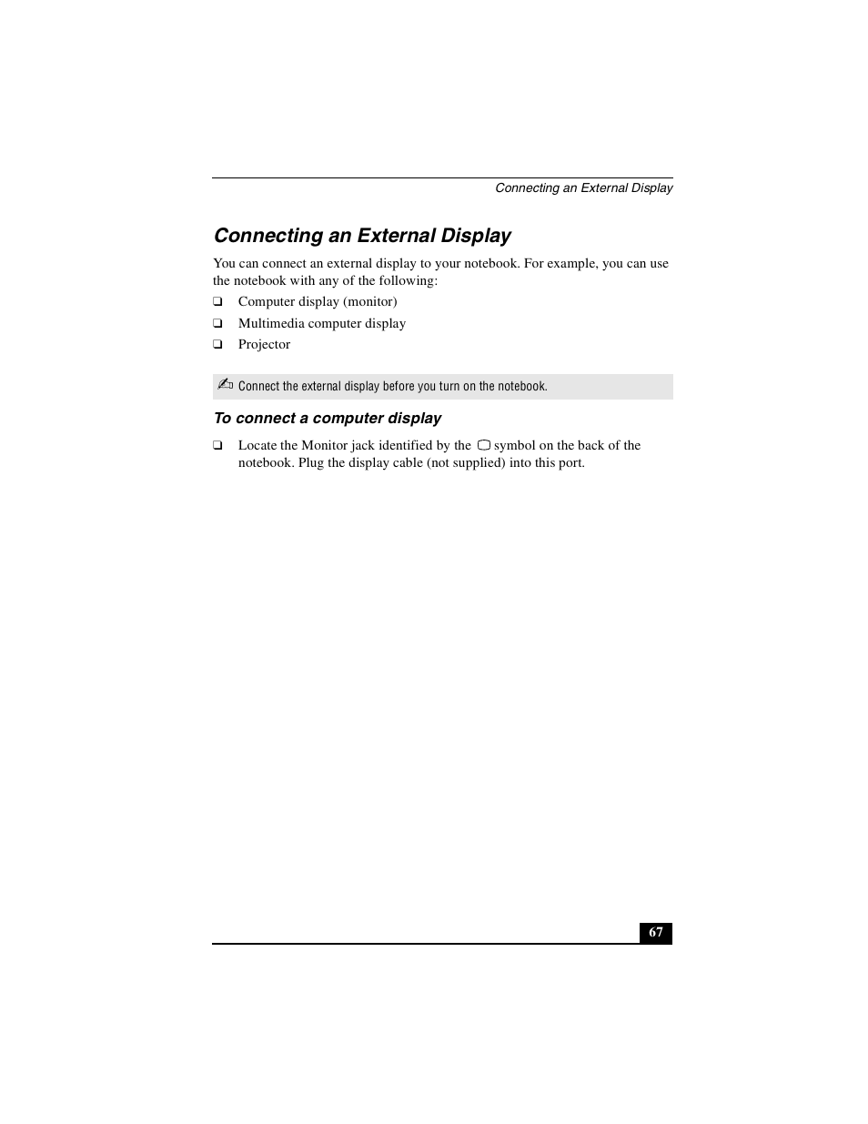 Connecting an external display, To connect a computer display | Sony PCG-GR390K User Manual | Page 67 / 217