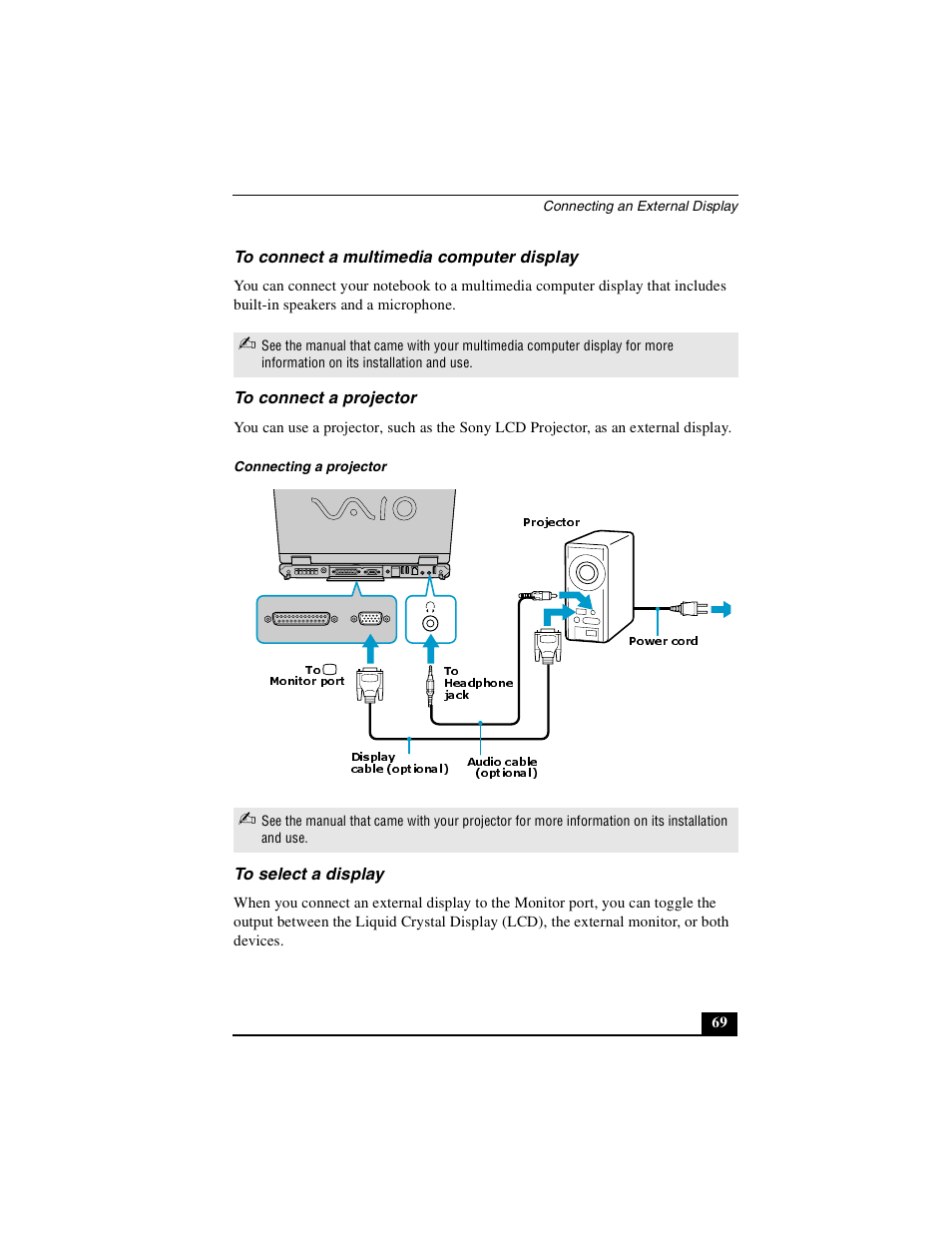 To connect a multimedia computer display, To connect a projector, To select a display | Sony PCG-GR390K User Manual | Page 69 / 217