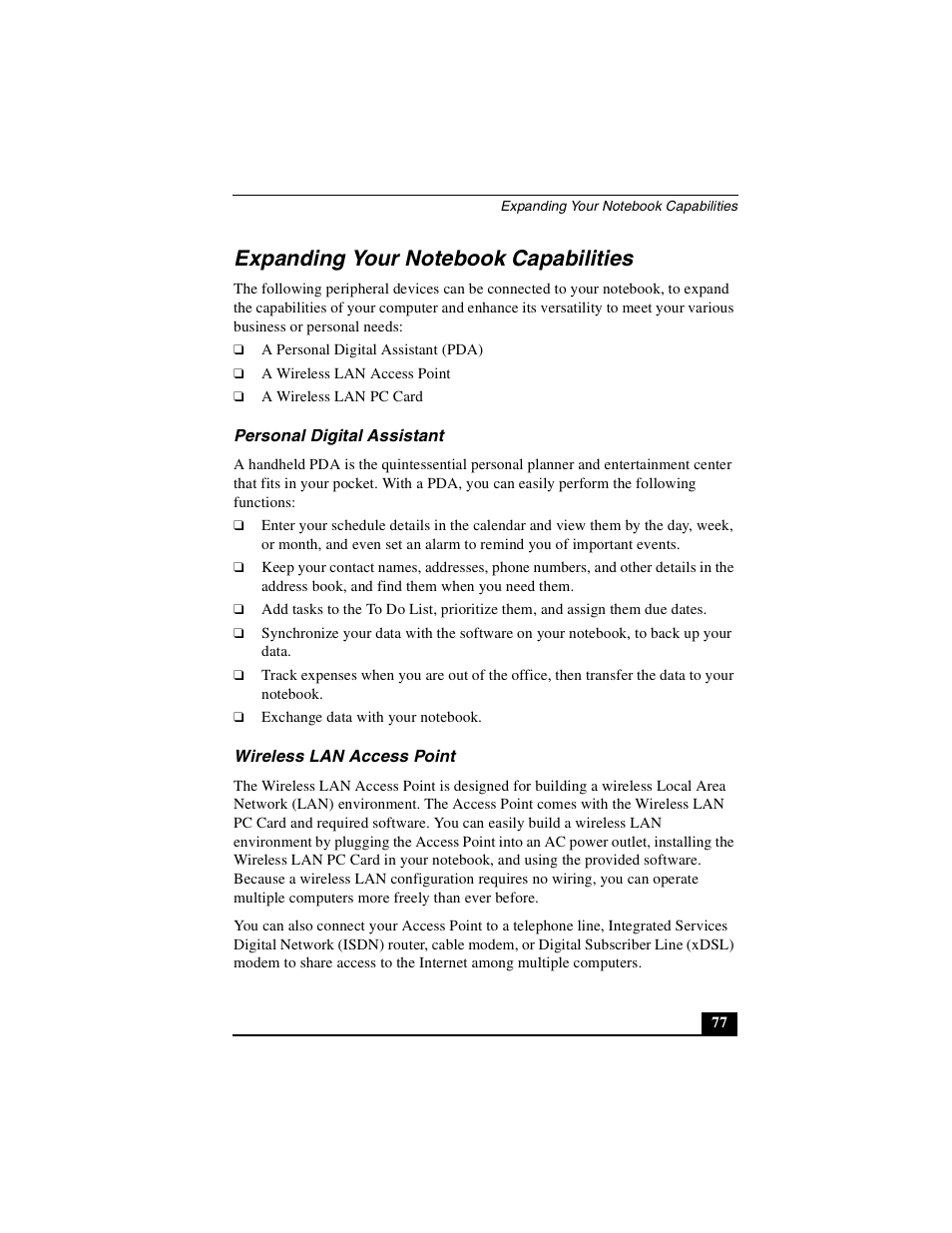 Expanding your notebook capabilities, Personal digital assistant, Wireless lan access point | Sony PCG-GR390K User Manual | Page 77 / 217