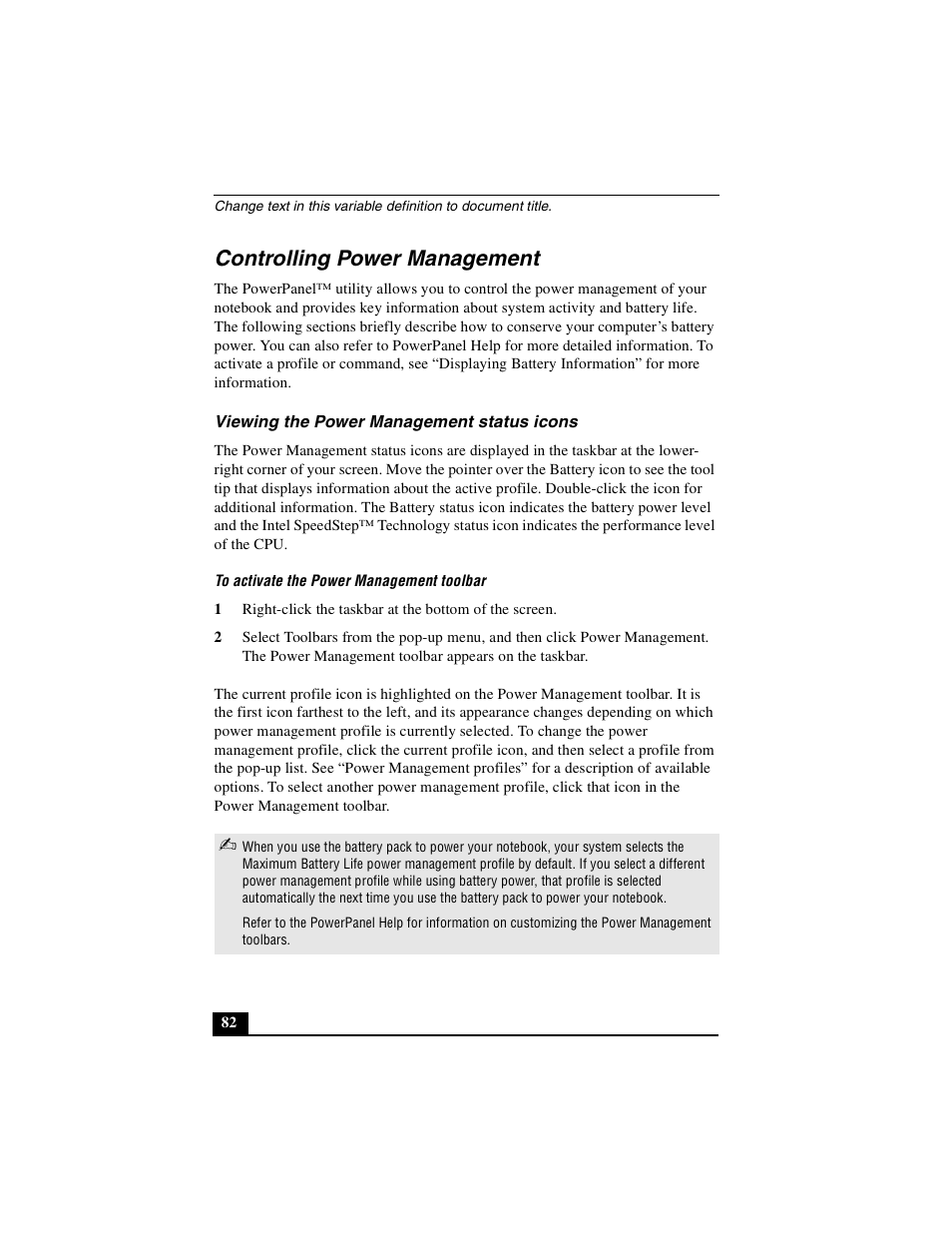 Controlling power management, Viewing the power management status icons | Sony PCG-GR390K User Manual | Page 82 / 217