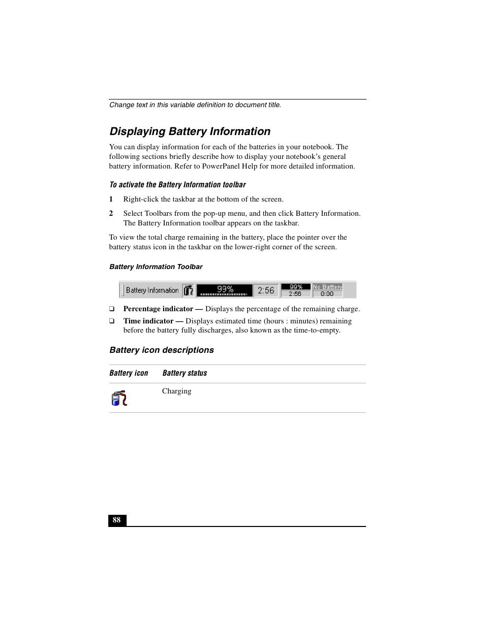 Displaying battery information, Battery icon descriptions | Sony PCG-GR390K User Manual | Page 88 / 217