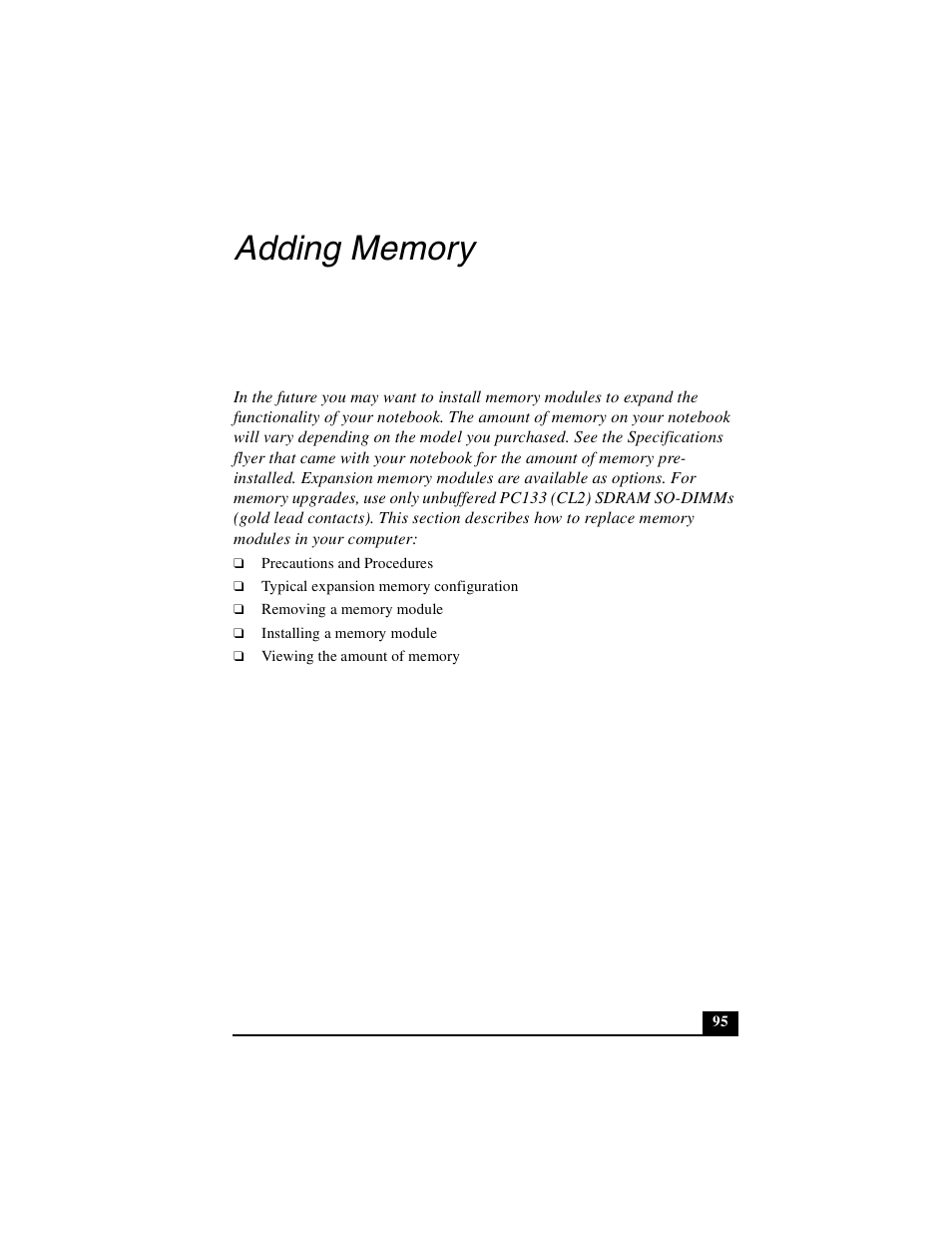 Adding memory | Sony PCG-GR390K User Manual | Page 95 / 217