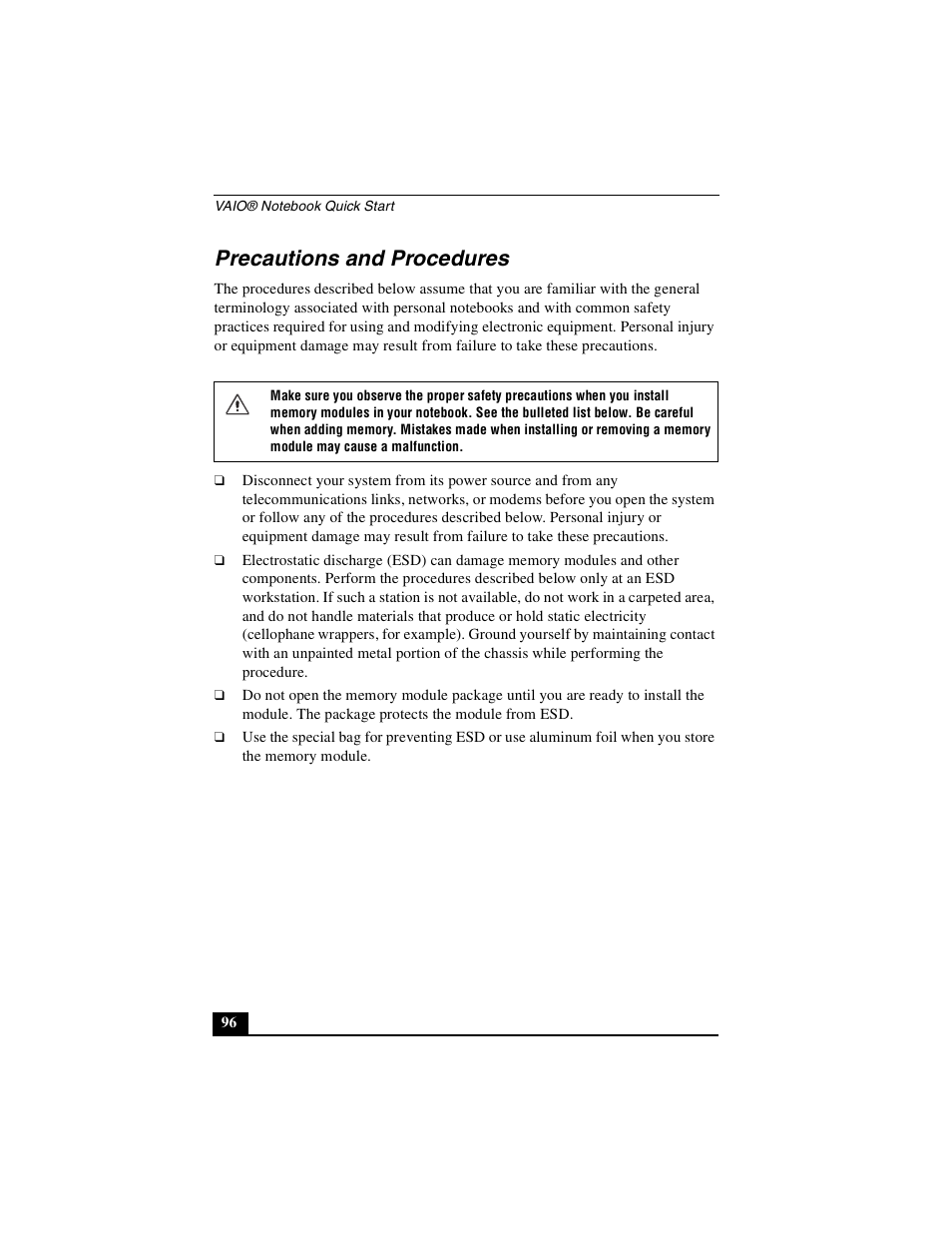 Precautions and procedures | Sony PCG-GR390K User Manual | Page 96 / 217