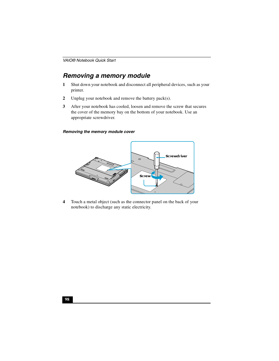 Removing a memory module | Sony PCG-GR390K User Manual | Page 98 / 217