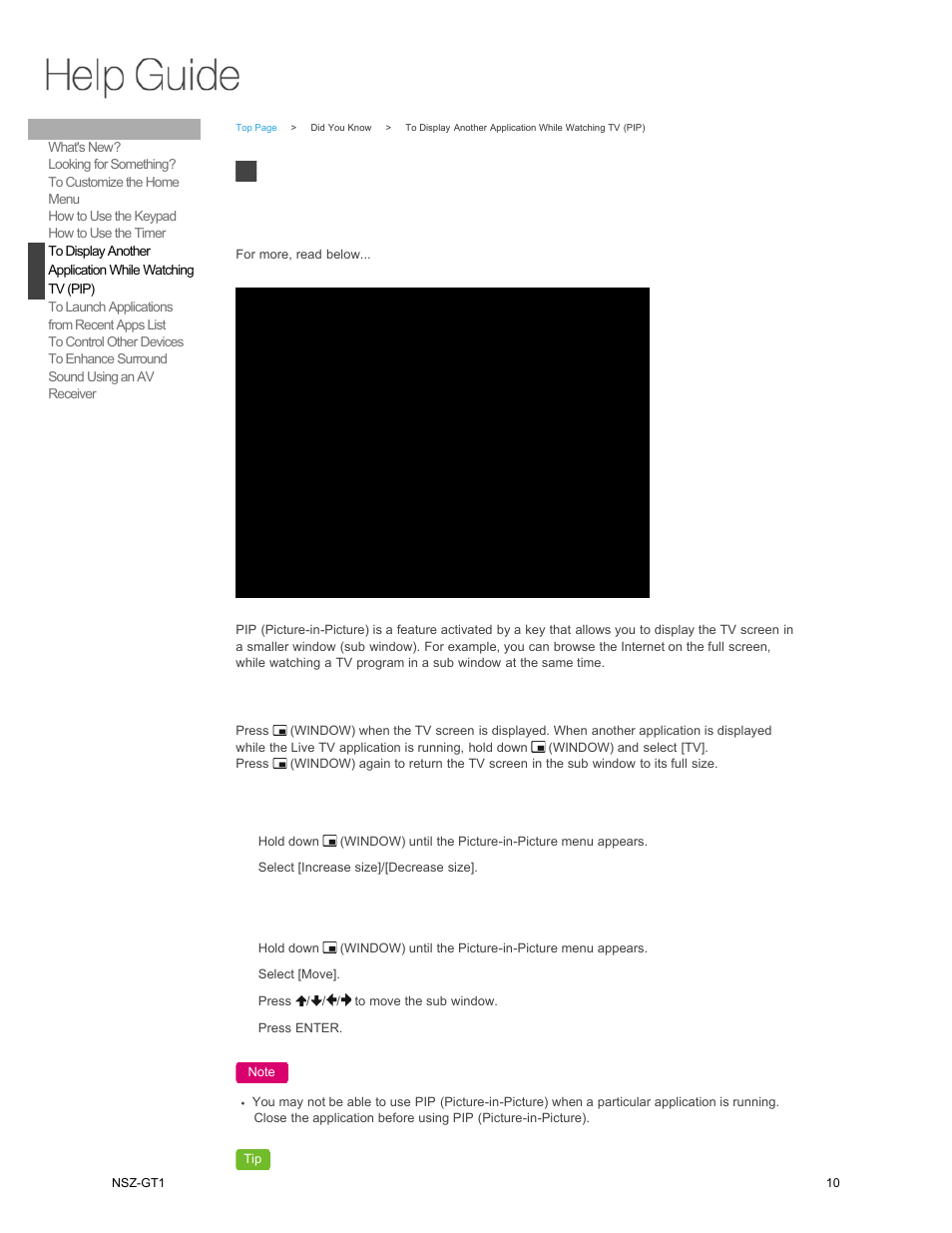 To display another, Application while watching, Tv (pip) | Sony NSZ-GT1 User Manual | Page 10 / 102