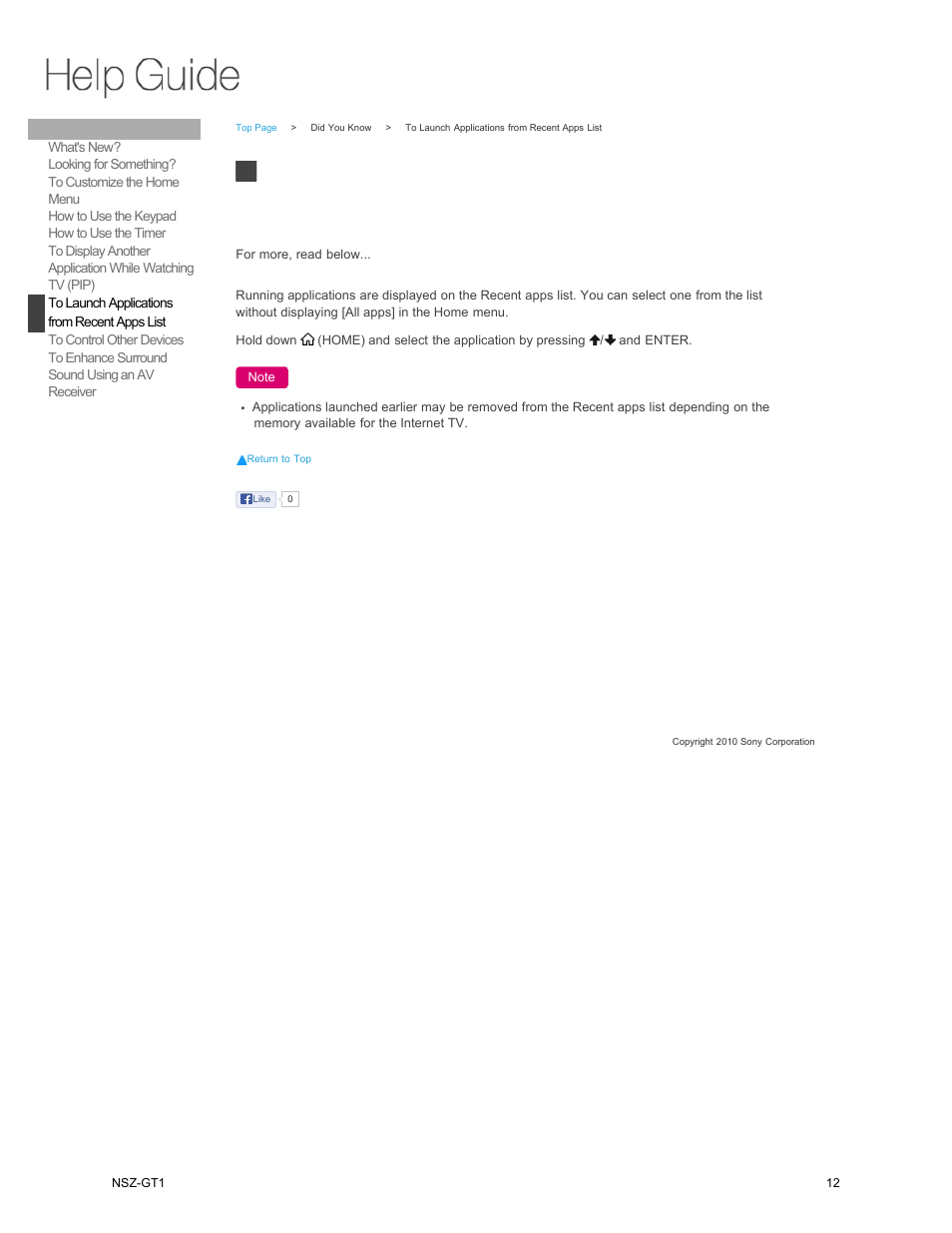 To launch applications, From recent apps list | Sony NSZ-GT1 User Manual | Page 12 / 102