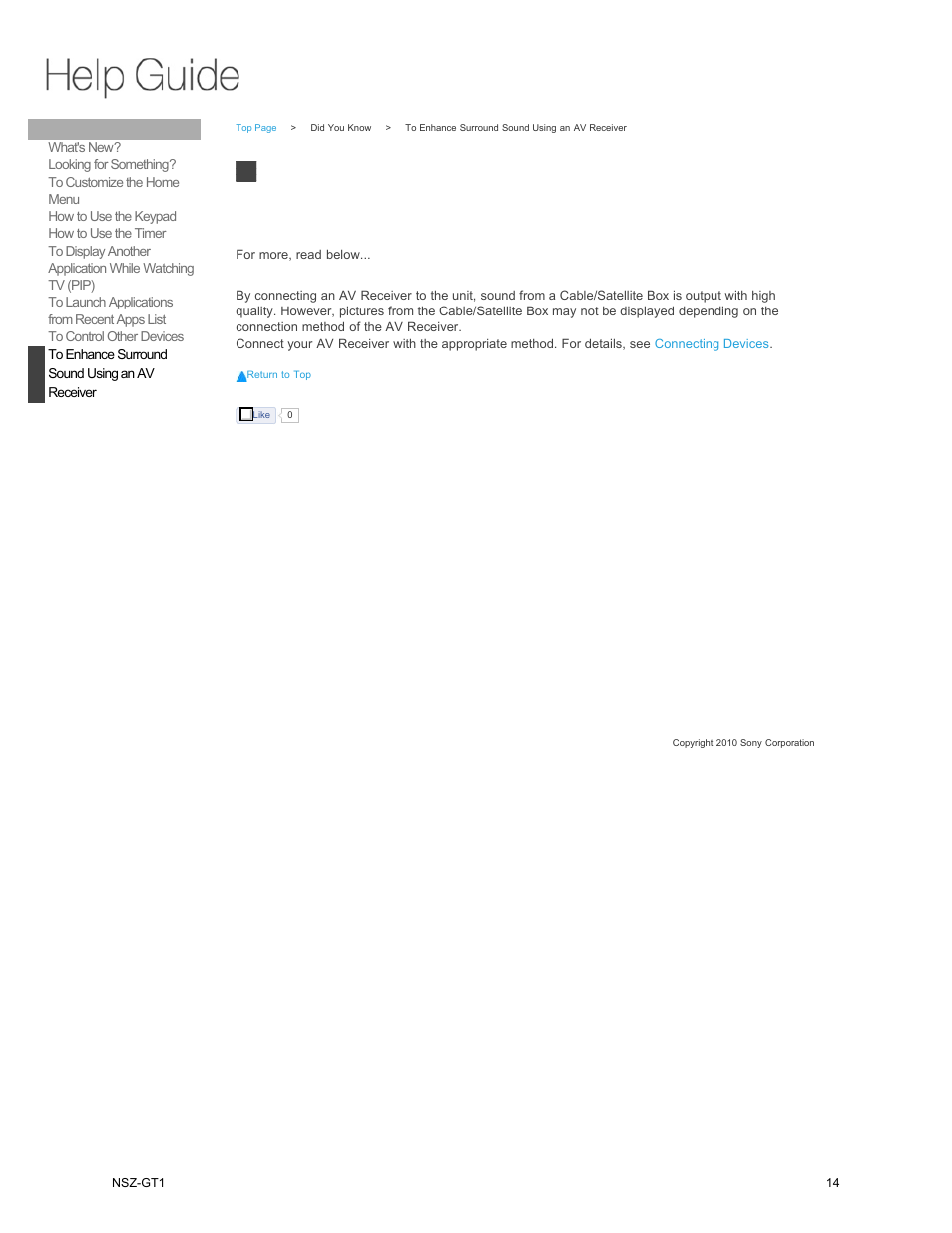 To enhance surround, Sound using an av, Receiver | Sony NSZ-GT1 User Manual | Page 14 / 102