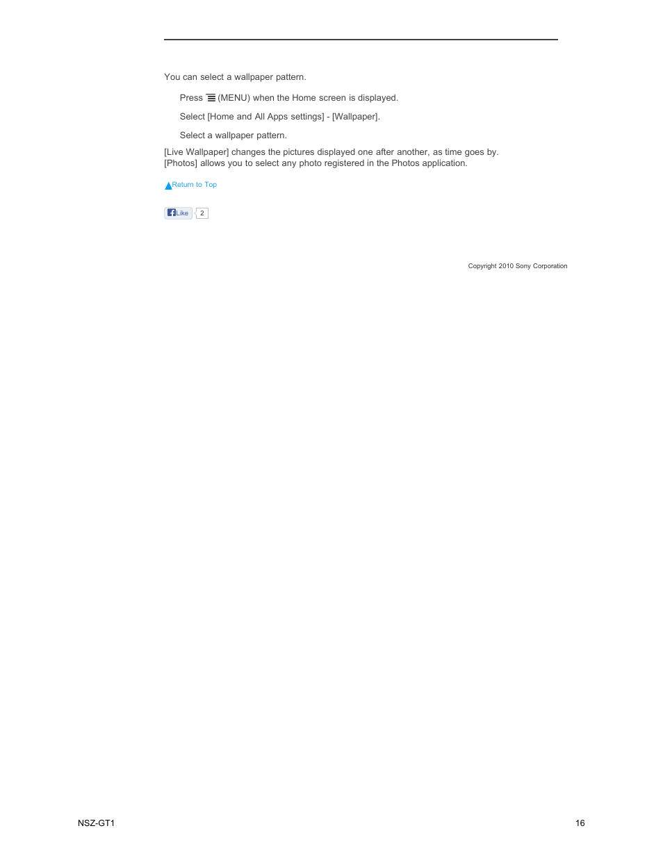 Changing the wallpaper | Sony NSZ-GT1 User Manual | Page 16 / 102