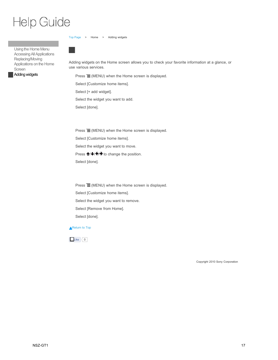 Adding widgets | Sony NSZ-GT1 User Manual | Page 17 / 102