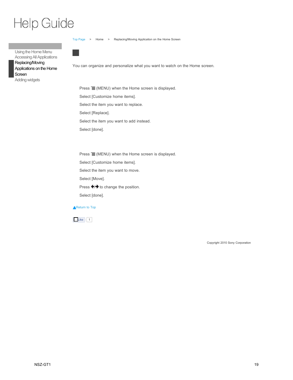 Replacing/moving, Applications on the home, Screen | Replacing/moving applications on the home screen | Sony NSZ-GT1 User Manual | Page 19 / 102