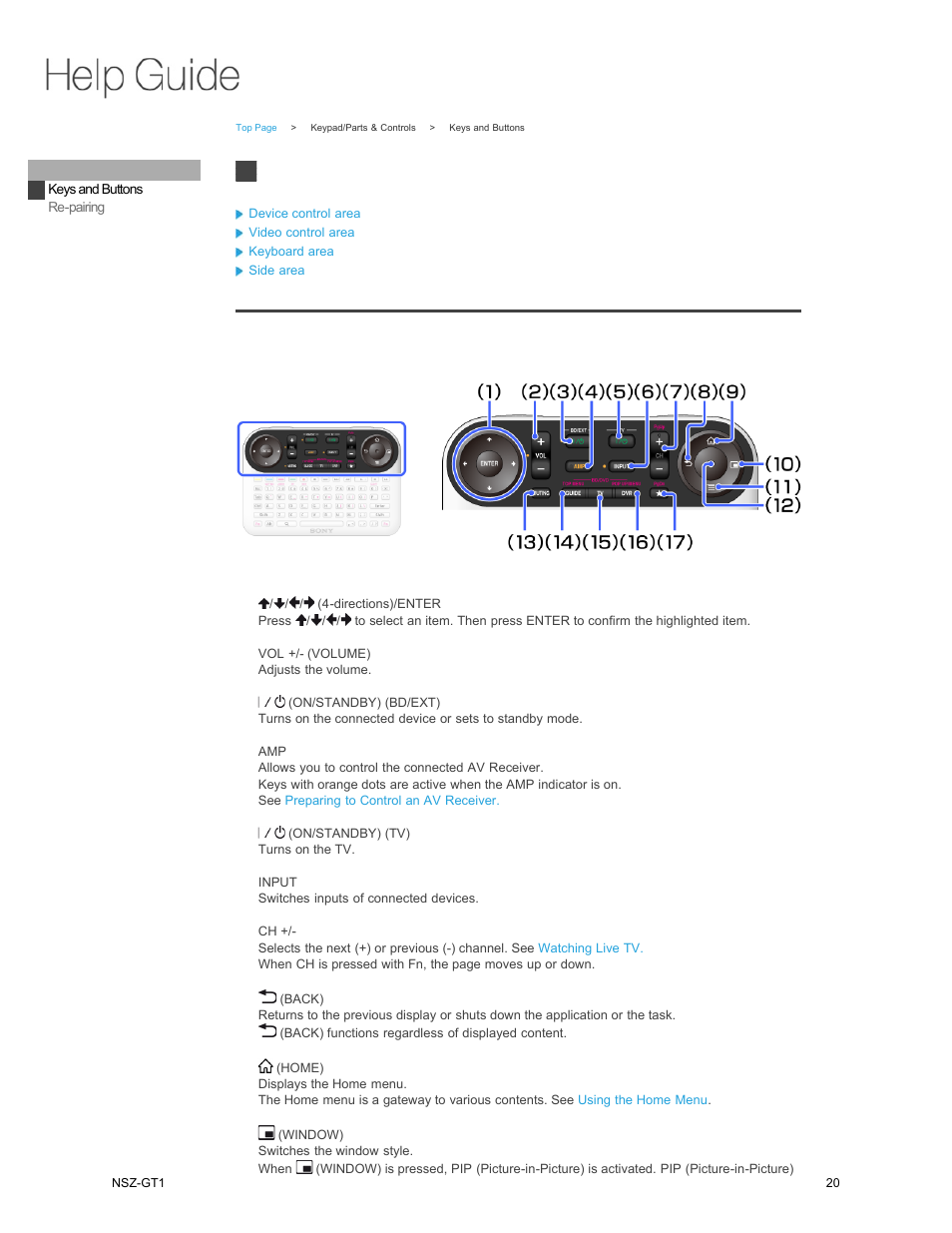 Keypad, Keys and buttons, Device control area | Sony NSZ-GT1 User Manual | Page 20 / 102
