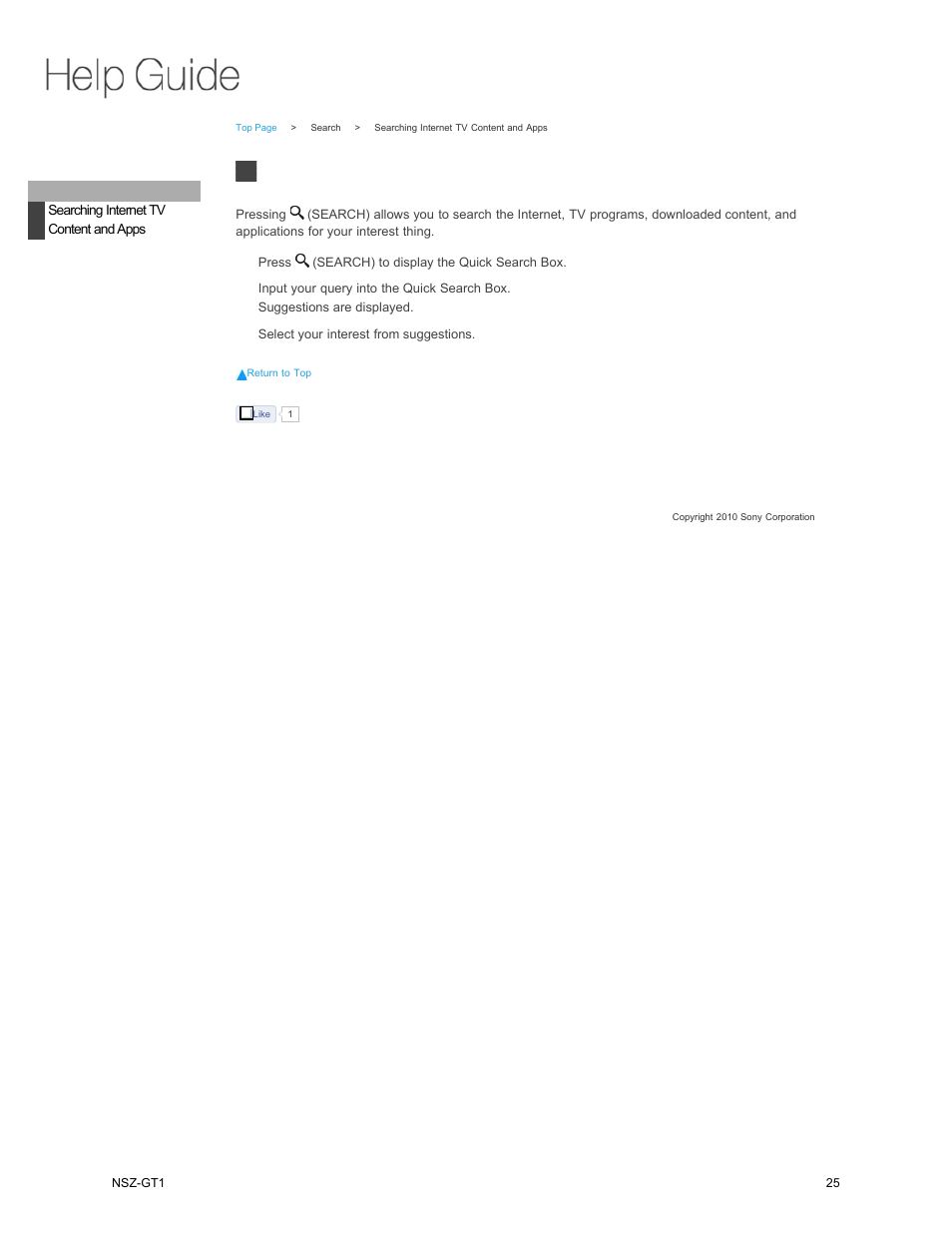 Search, Searching internet tv content and apps | Sony NSZ-GT1 User Manual | Page 25 / 102