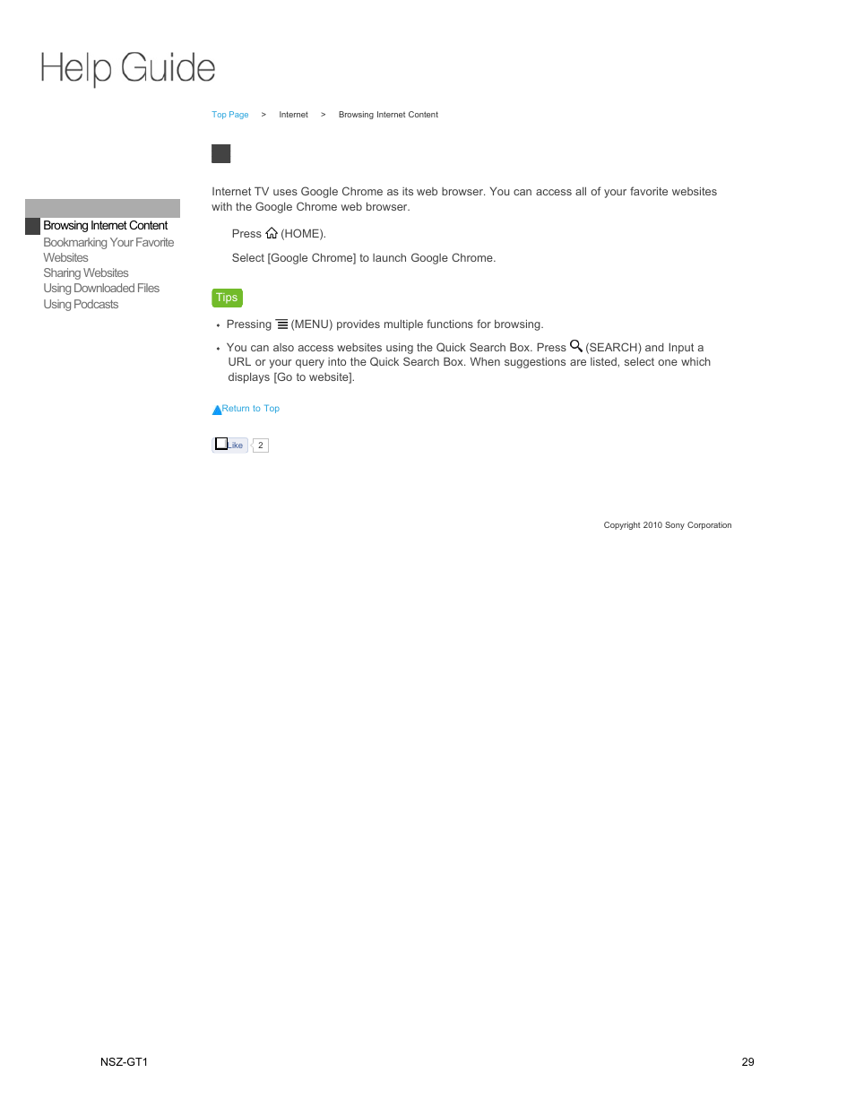 Internet, Browsing internet content | Sony NSZ-GT1 User Manual | Page 29 / 102