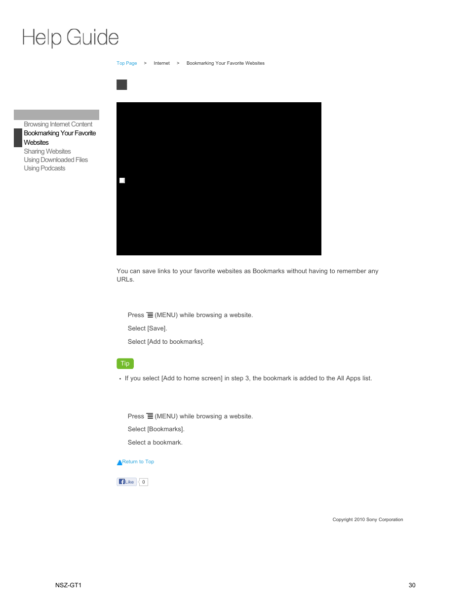 Bookmarking your favorite, Websites, Bookmarking your favorite websites | Sony NSZ-GT1 User Manual | Page 30 / 102
