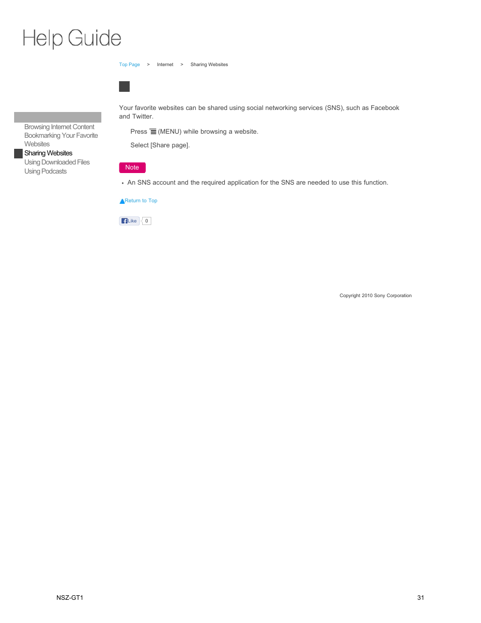Sharing websites | Sony NSZ-GT1 User Manual | Page 31 / 102