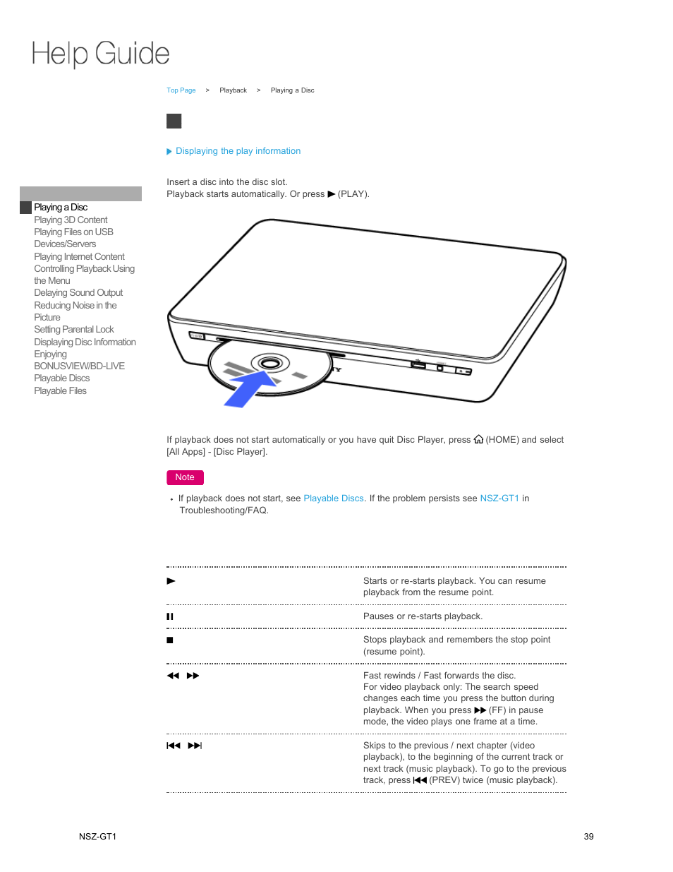Playback, Playing a disc | Sony NSZ-GT1 User Manual | Page 39 / 102