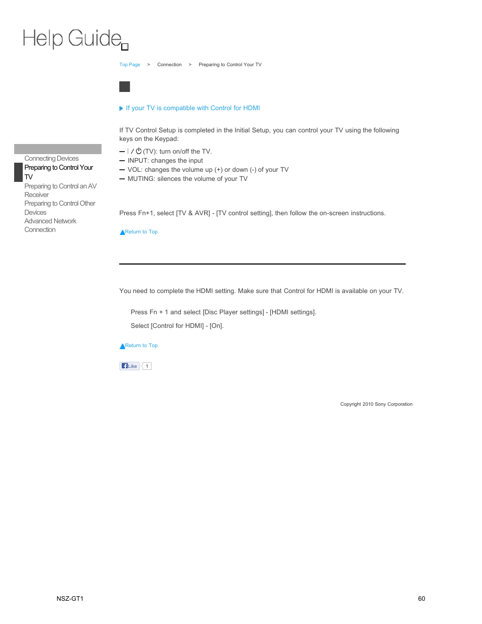 Preparing to control your, Preparing to control your tv, If your tv is compatible with control for hdmi | Sony NSZ-GT1 User Manual | Page 60 / 102