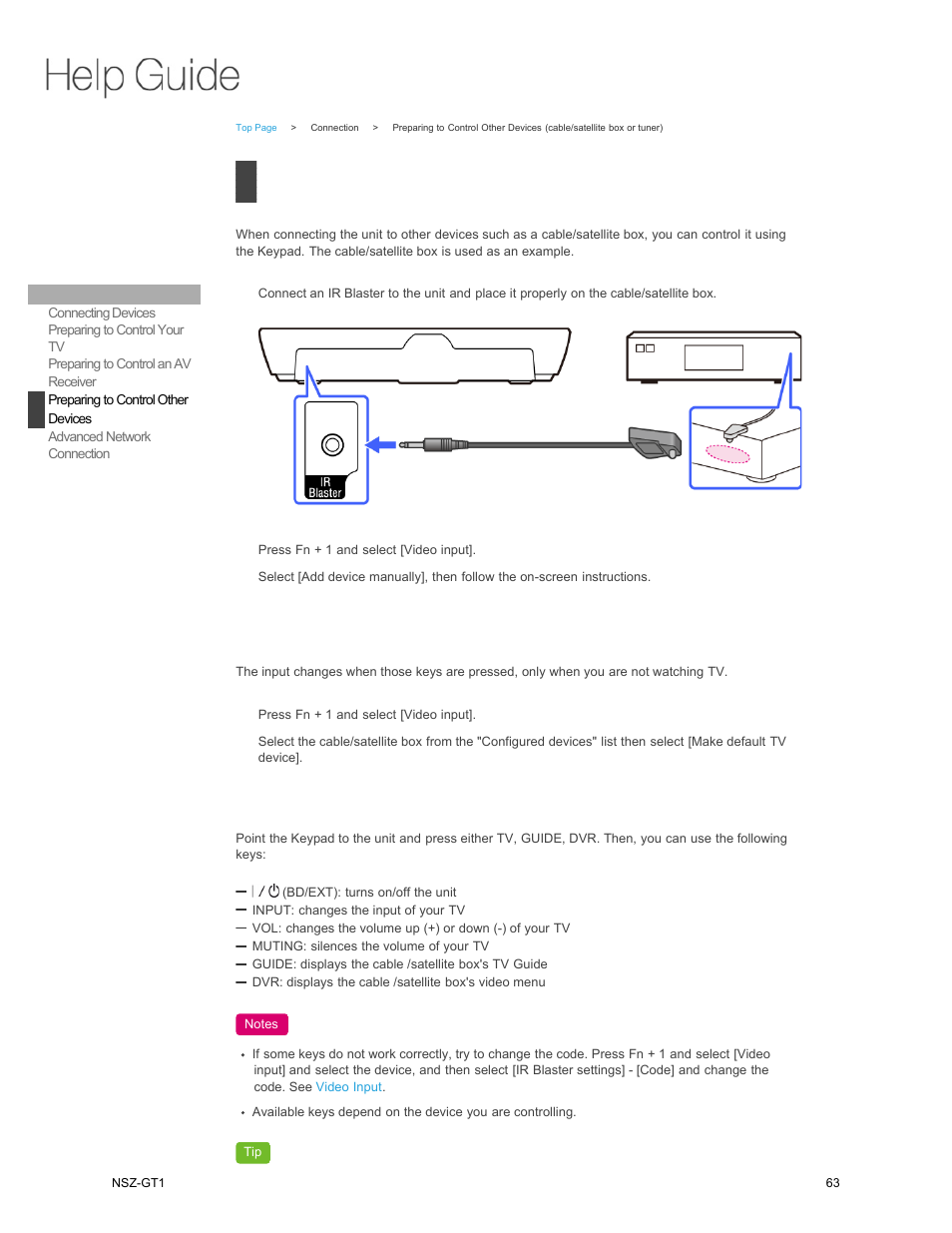 Preparing to control other, Devices | Sony NSZ-GT1 User Manual | Page 63 / 102