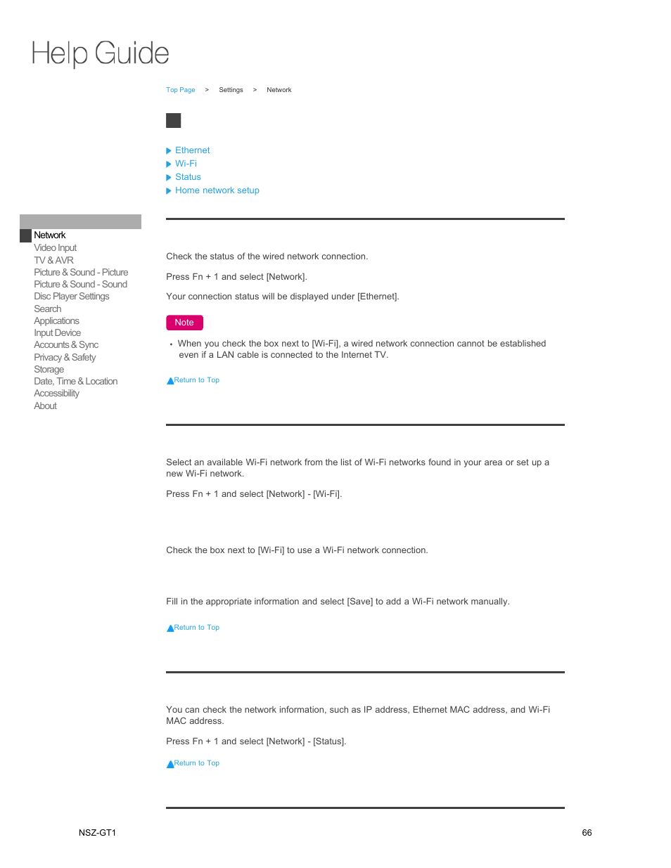 Settings, Network, Ethernet | Wi-fi, Status | Sony NSZ-GT1 User Manual | Page 66 / 102