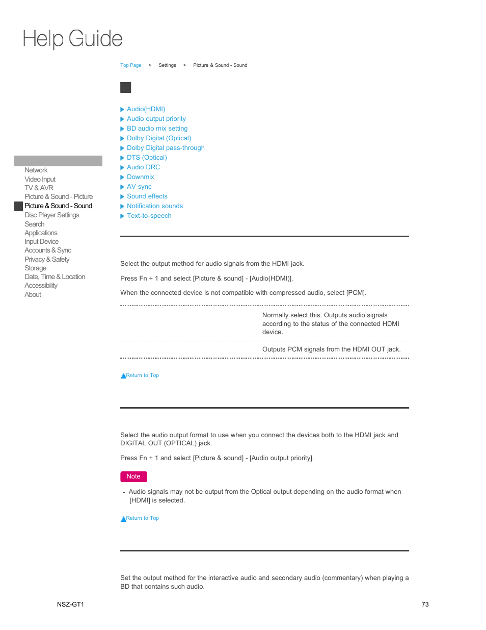 Picture & sound - sound, Audio(hdmi), Audio output priority | Bd audio mix setting | Sony NSZ-GT1 User Manual | Page 73 / 102