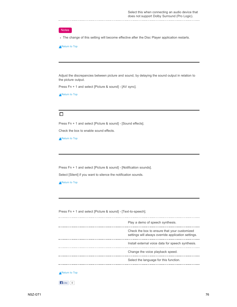 Av sync, Sound effects, Notification sounds | Text-to-speech | Sony NSZ-GT1 User Manual | Page 76 / 102