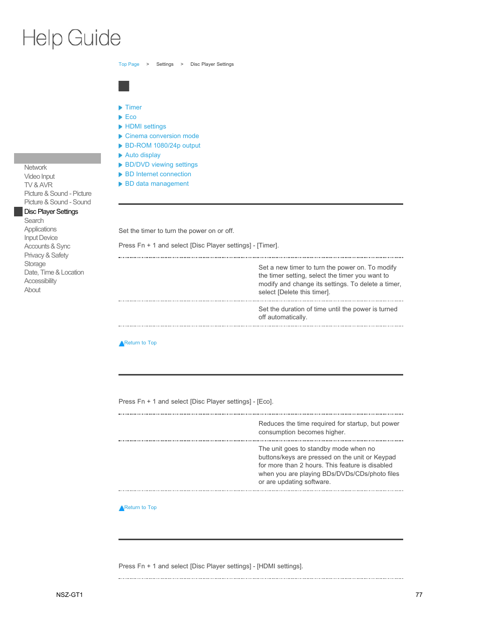 Hdmi settings, Disc player settings, Timer | Sony NSZ-GT1 User Manual | Page 77 / 102