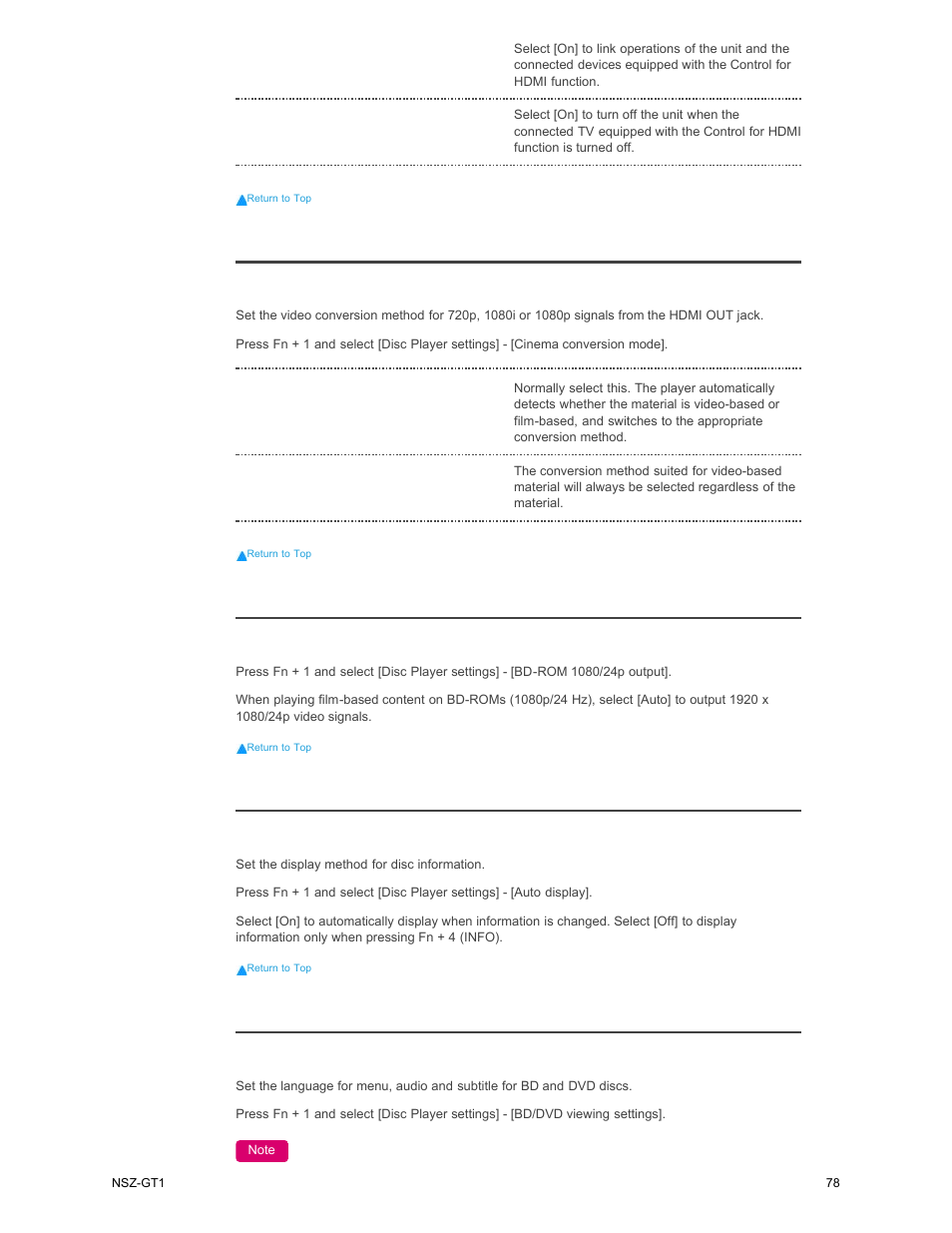 Cinema conversion mode, Auto display, Bd/dvd viewing settings | Sony NSZ-GT1 User Manual | Page 78 / 102