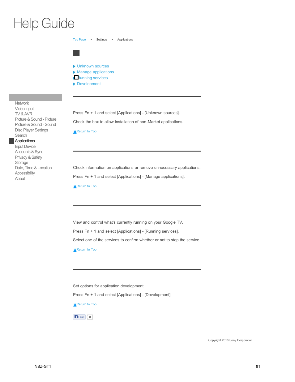 Applications, Unknown sources, Manage applications | Running services, Development | Sony NSZ-GT1 User Manual | Page 81 / 102