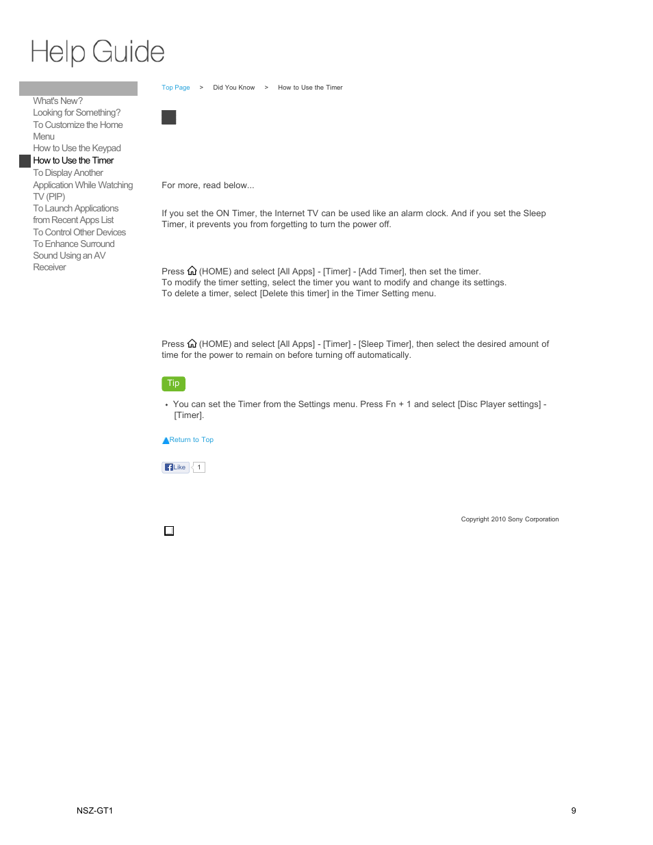 How to use the timer | Sony NSZ-GT1 User Manual | Page 9 / 102