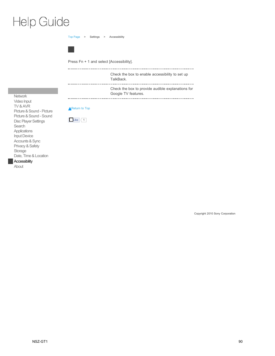 Accessibility | Sony NSZ-GT1 User Manual | Page 90 / 102