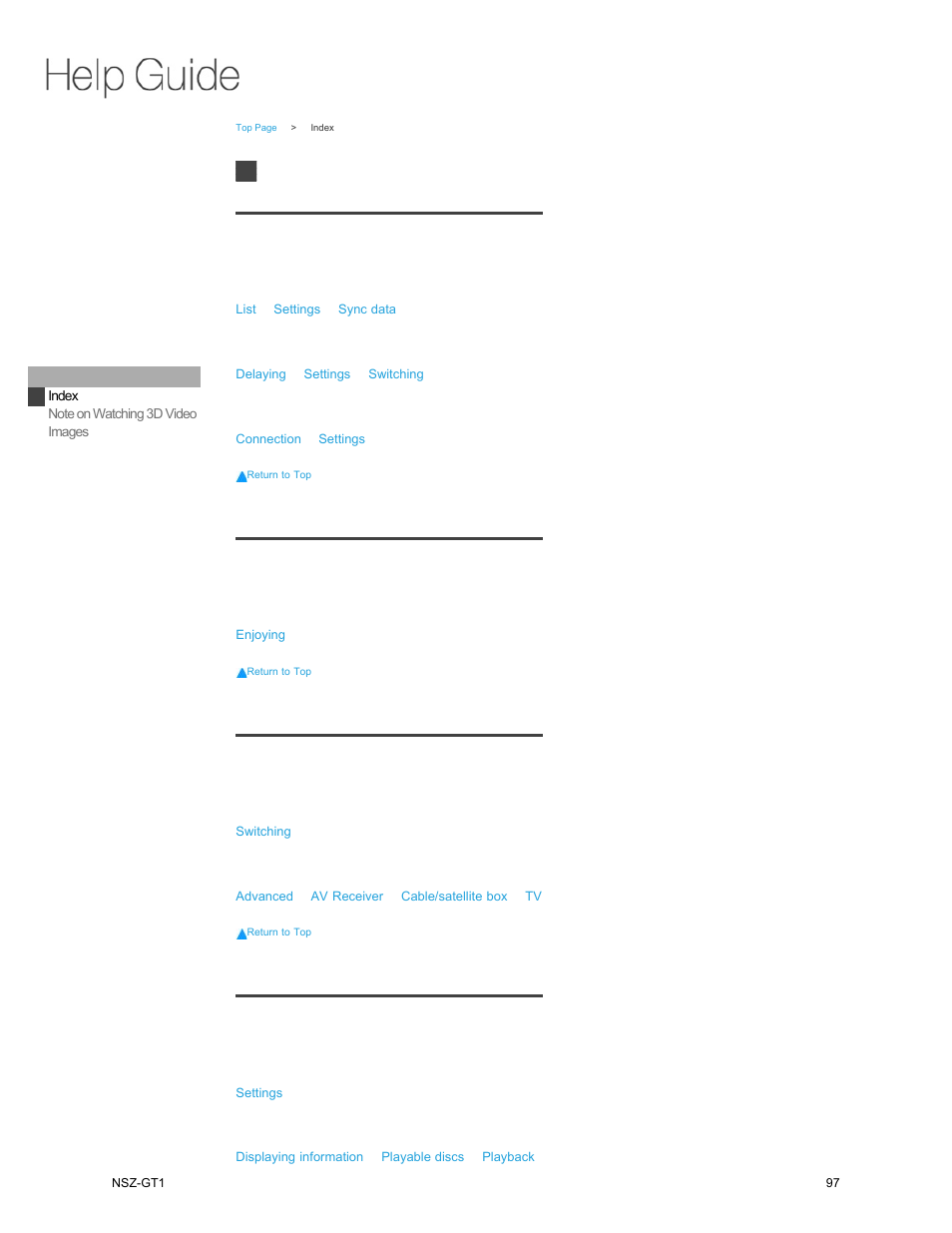 Others, Index | Sony NSZ-GT1 User Manual | Page 97 / 102