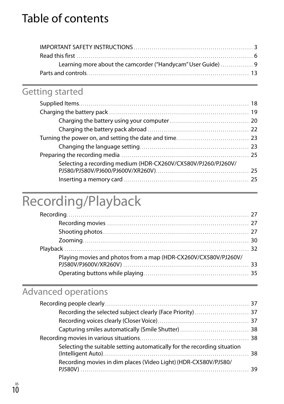 Sony HDR-XR260V User Manual | Page 10 / 191