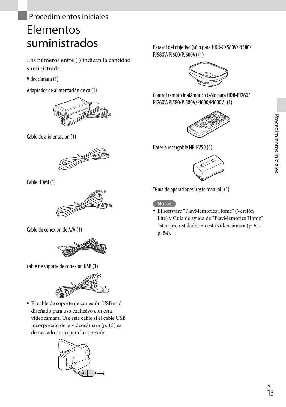 Procedimientos iniciales, Elementos suministrados | Sony HDR-XR260V User Manual | Page 107 / 191
