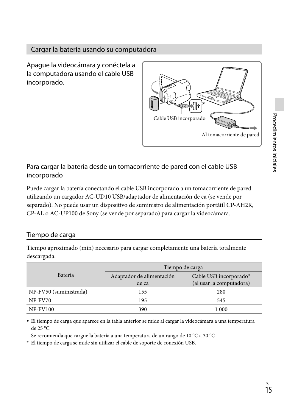 Cargar la batería usando su computadora, Ado (15), Tiempo de carga | Sony HDR-XR260V User Manual | Page 109 / 191