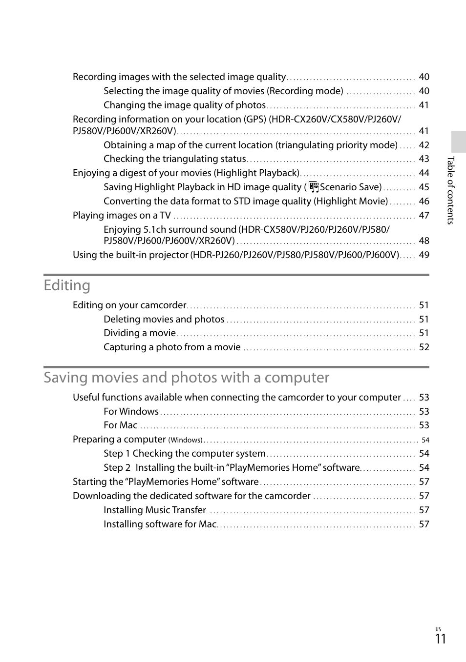 Editing, Saving movies and photos with a computer | Sony HDR-XR260V User Manual | Page 11 / 191