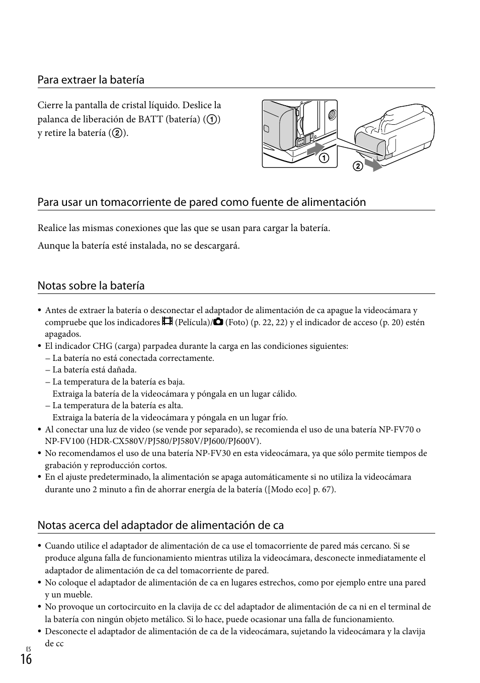 Para extraer la batería, Notas sobre la batería, Notas acerca del adaptador de alimentación de ca | Sony HDR-XR260V User Manual | Page 110 / 191