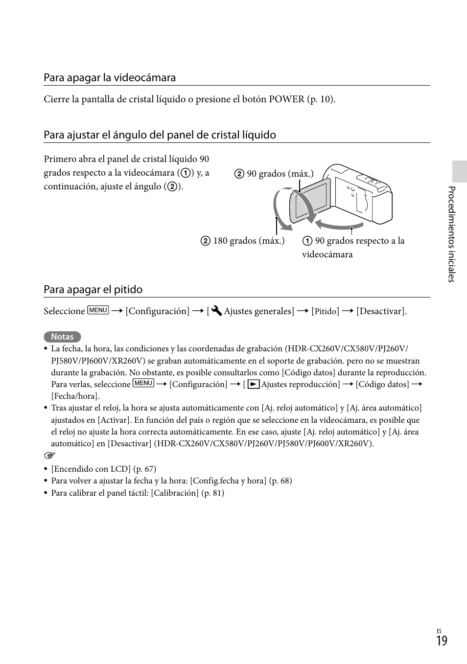 Para apagar la videocámara, Para apagar el pitido | Sony HDR-XR260V User Manual | Page 113 / 191