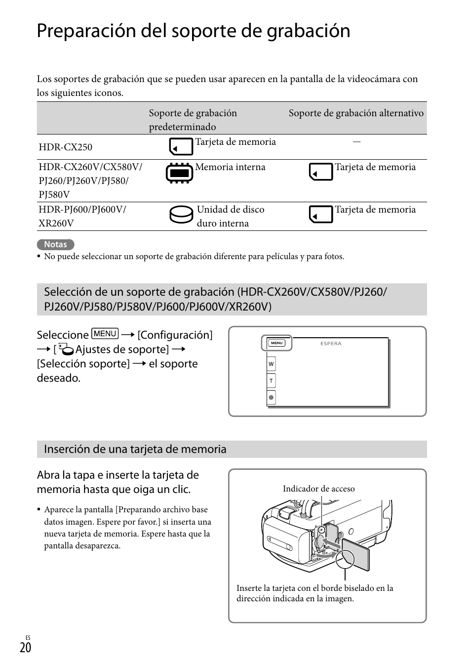 Preparación del soporte de grabación, Inserción de una tarjeta de memoria, 20) es | Ia (20) | Sony HDR-XR260V User Manual | Page 114 / 191