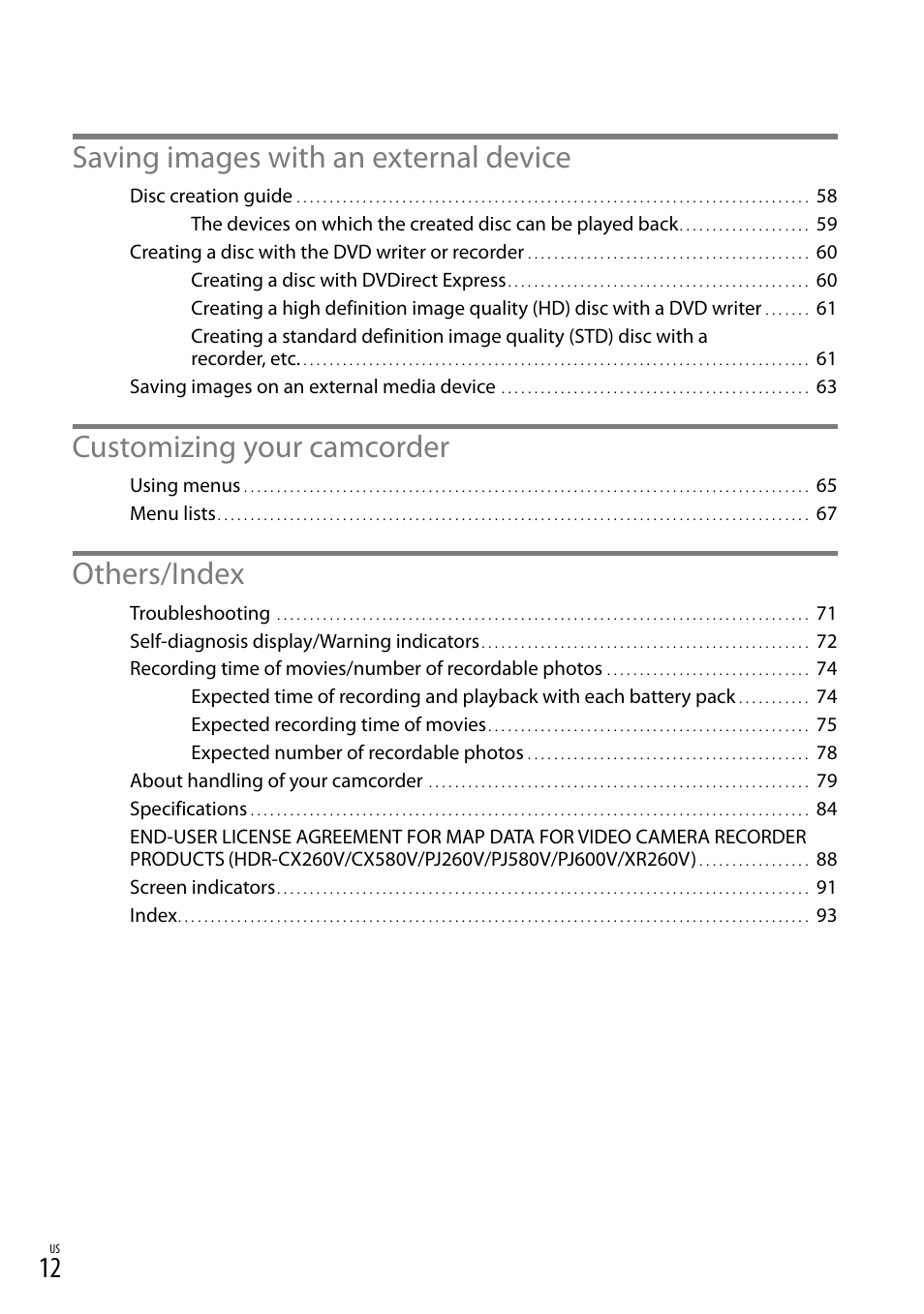 Saving images with an external device, Customizing your camcorder, Others/index | Sony HDR-XR260V User Manual | Page 12 / 191
