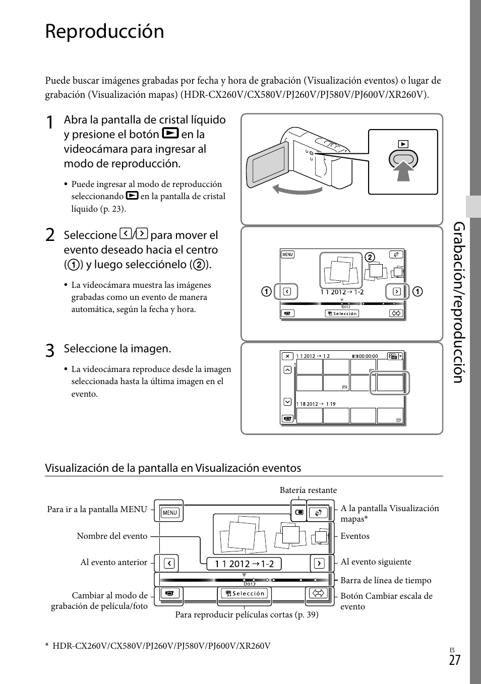 Reproducción, Al index (27), Es (27) | Gr abación/r epr oduc ción | Sony HDR-XR260V User Manual | Page 121 / 191