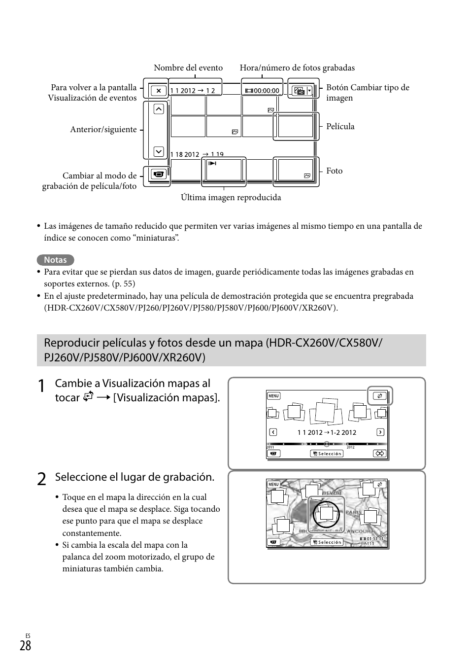 Pj260v/pj580v/pj600v/xr260v), Seleccione el lugar de grabación | Sony HDR-XR260V User Manual | Page 122 / 191