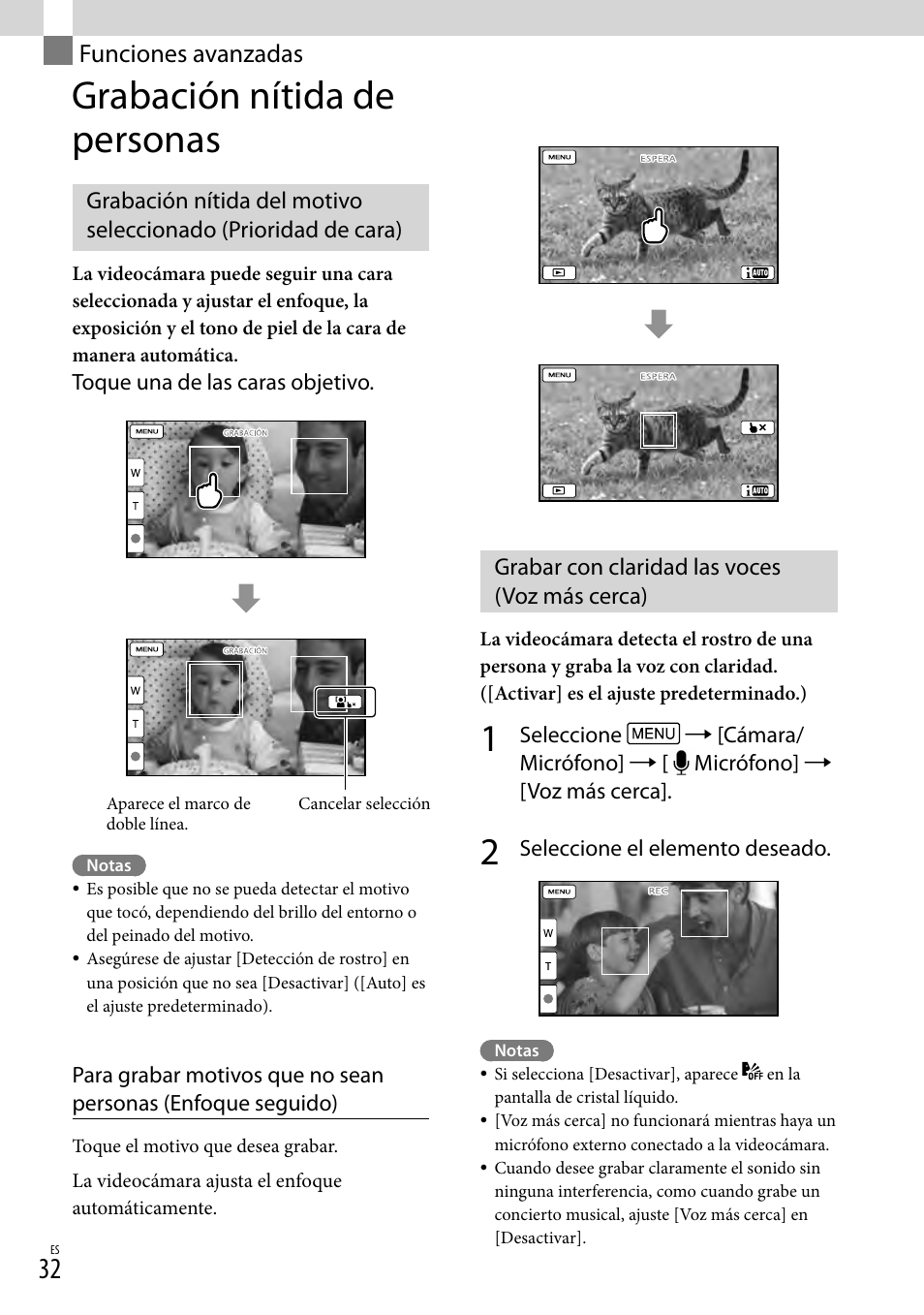 Funciones avanzadas, Grabación nítida de personas, Grabar con claridad las voces (voz más cerca) | Ue (32) | Sony HDR-XR260V User Manual | Page 126 / 191