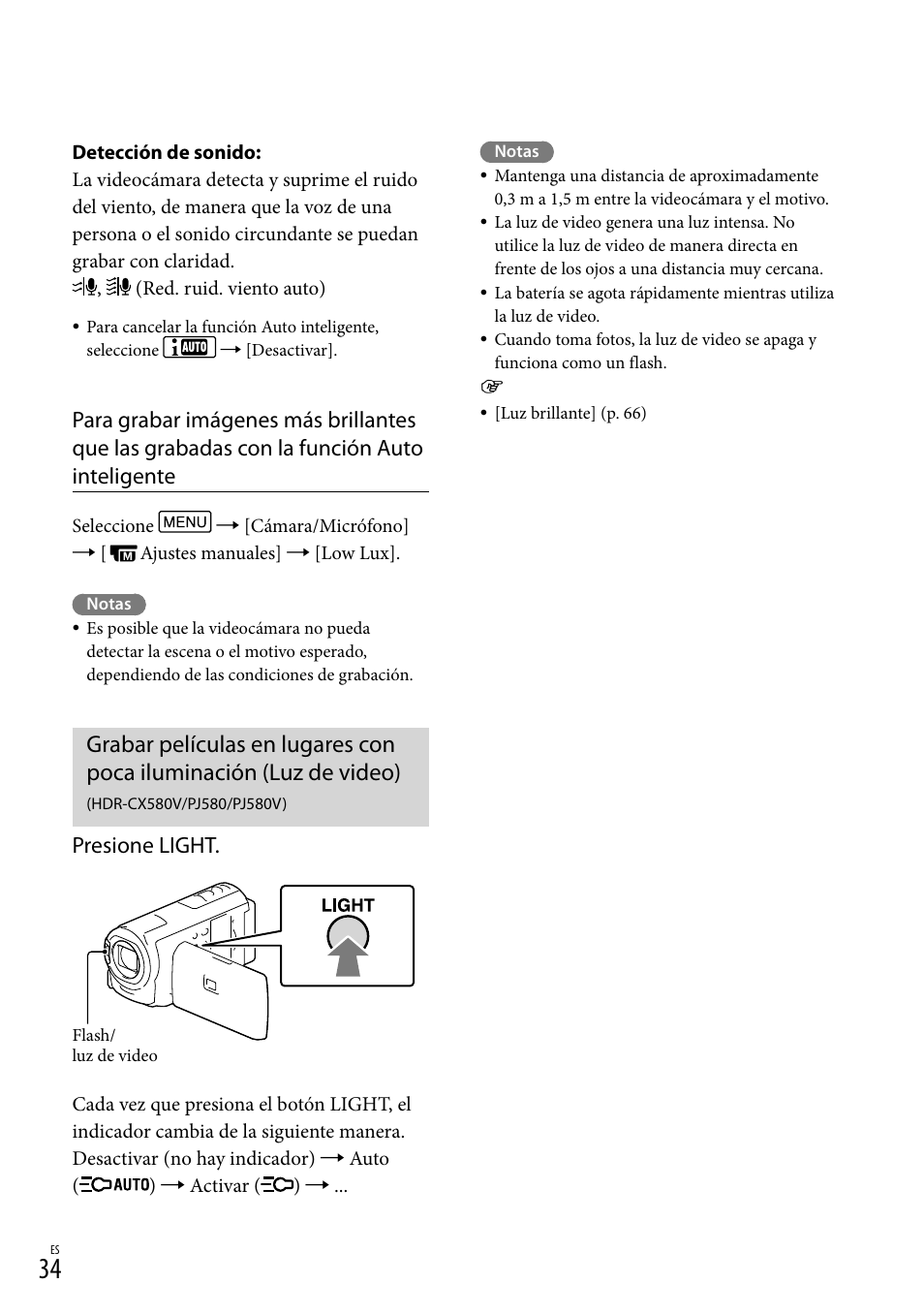 Hdr-cx580v/pj580/pj580v), 34) (hdr, Presione light | Sony HDR-XR260V User Manual | Page 128 / 191