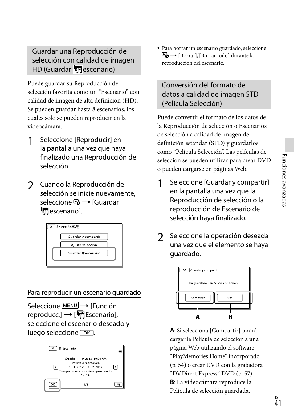 Guardar, Escenario), Selección) | Sony HDR-XR260V User Manual | Page 135 / 191