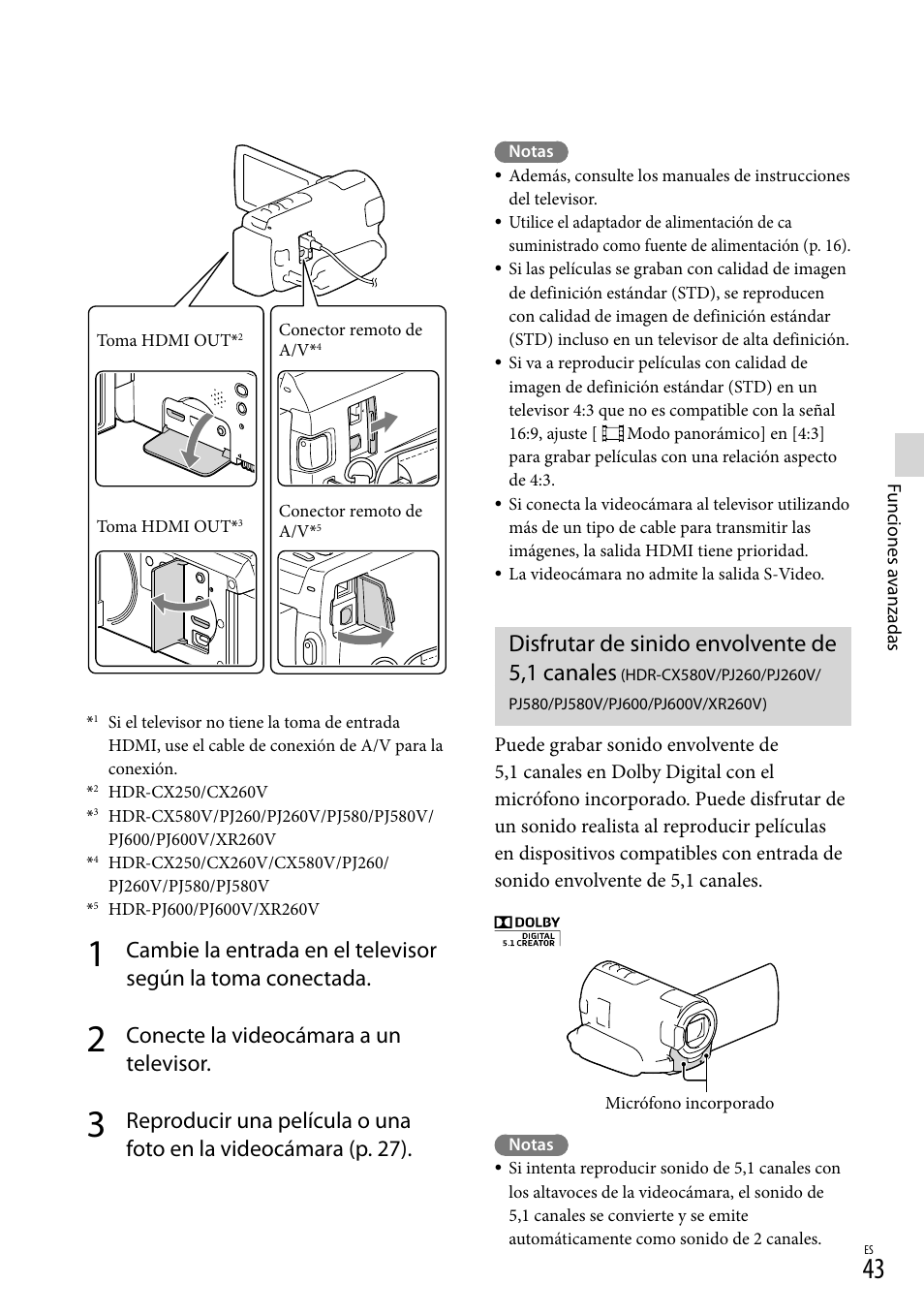 Disfrutar de sinido envolvente de 5,1 canales, Hdr-cx580v/pj260, Pj260v/pj580/pj580v/pj600/pj600v/xr260v) | Conecte la videocámara a un televisor | Sony HDR-XR260V User Manual | Page 137 / 191