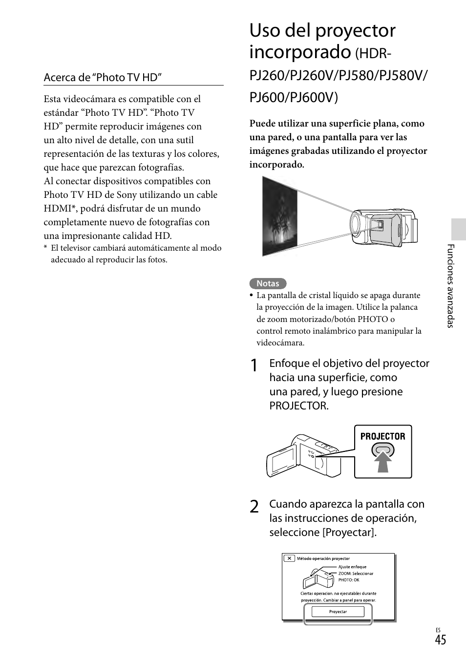 Uso del proyector incorporado, Hdr-pj260/pj260v/pj580/pj580v/pj600, Pj600v) | Or (45) (hdr-p | Sony HDR-XR260V User Manual | Page 139 / 191