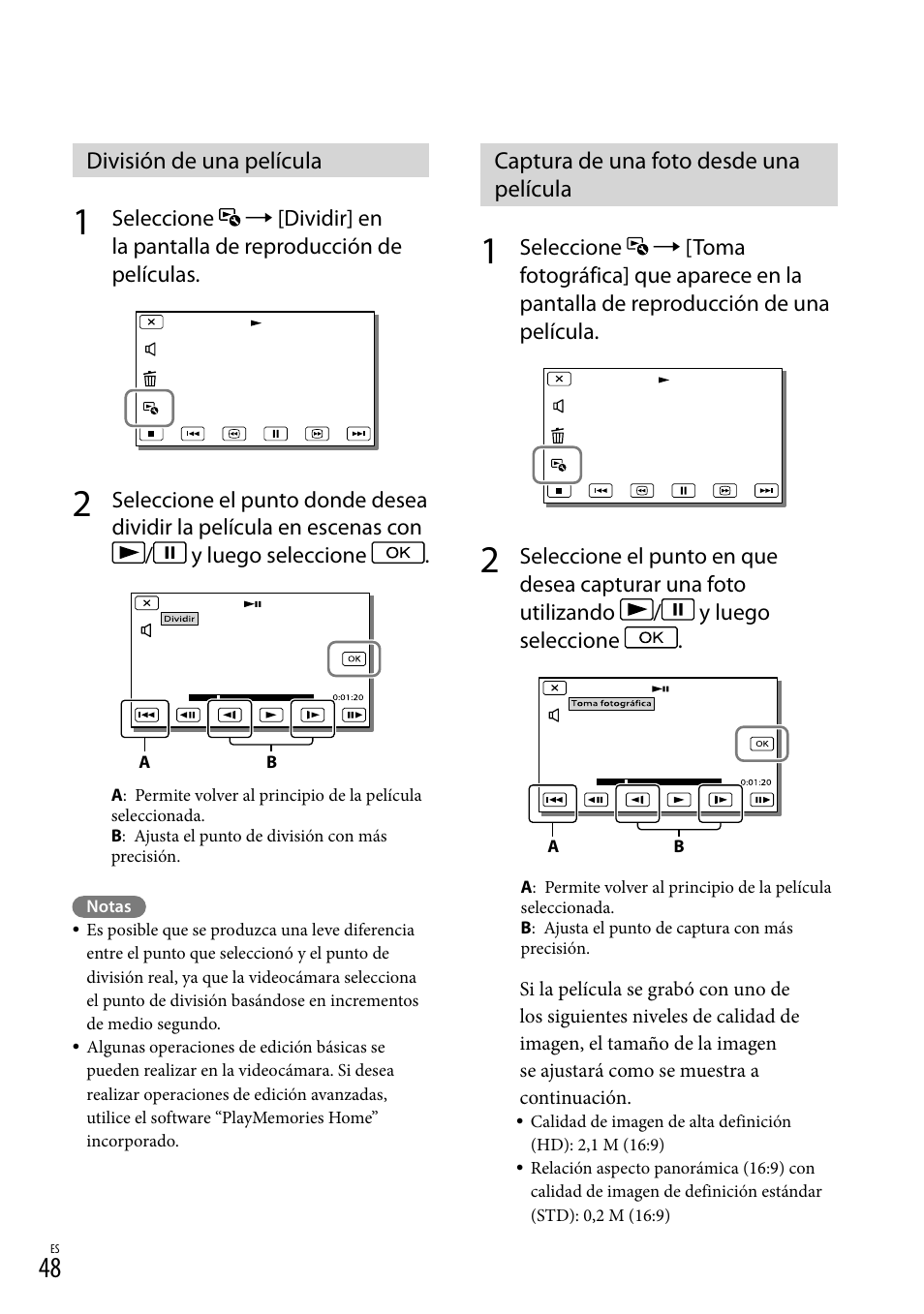 División de una película, Captura de una foto desde una película | Sony HDR-XR260V User Manual | Page 142 / 191