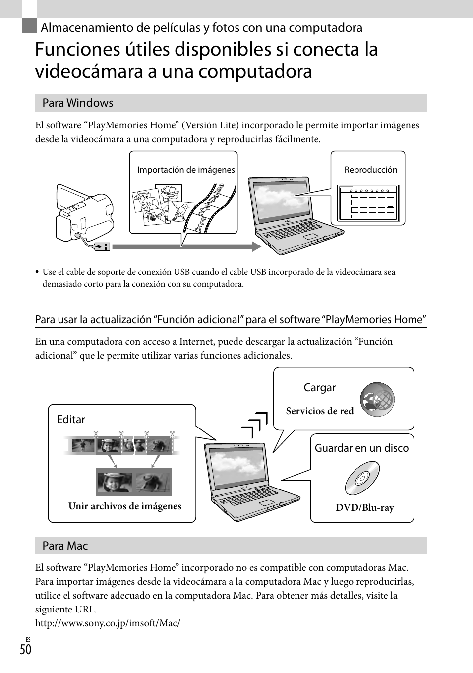 Para windows, Para mac, Almacenamiento de películas y fotos con una | Computadora, Para windows para mac | Sony HDR-XR260V User Manual | Page 144 / 191