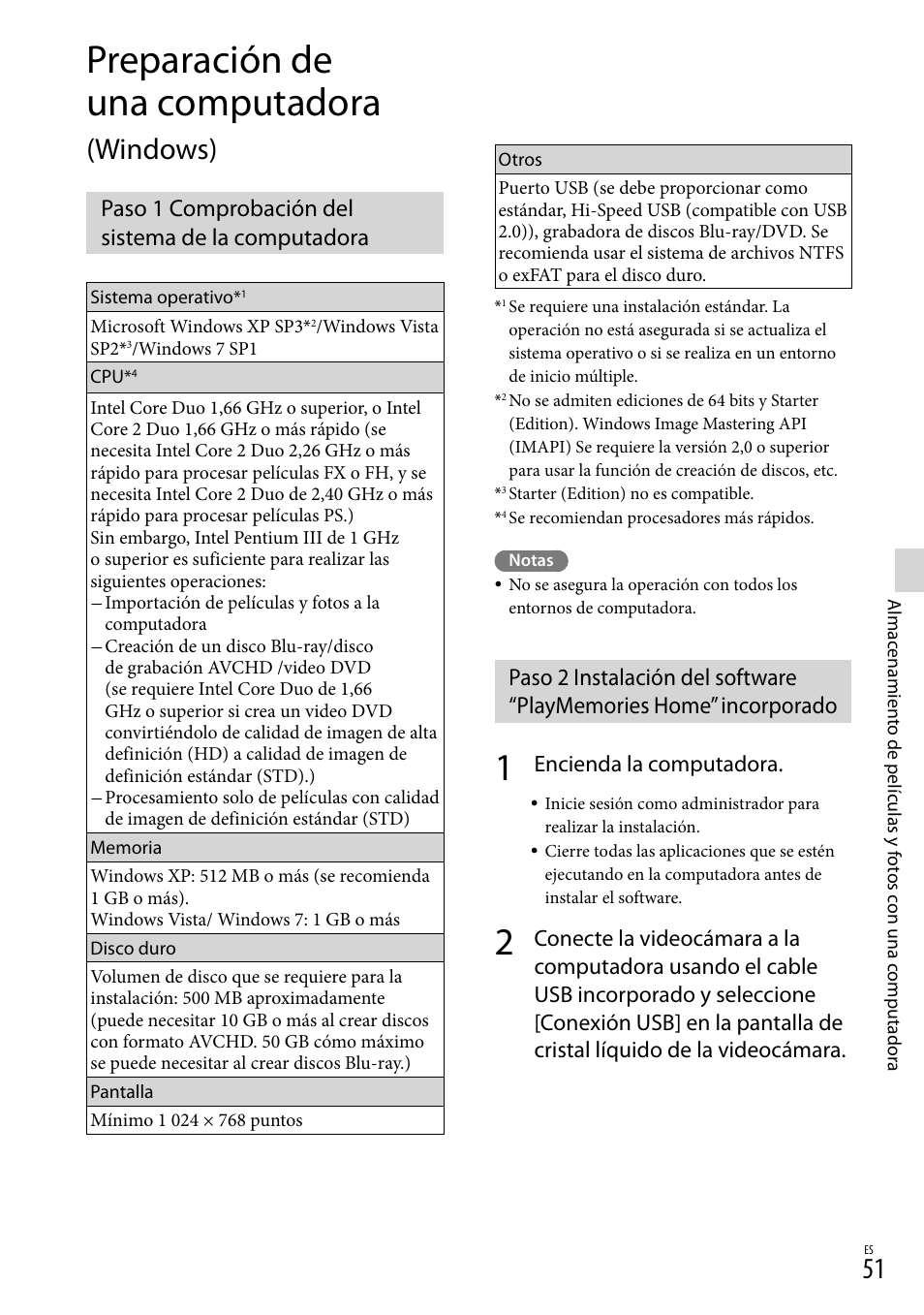 Preparación de una computadora (windows), Paso 1 comprobación del sistema de la computadora, Preparación de una computadora | Windows), Encienda la computadora | Sony HDR-XR260V User Manual | Page 145 / 191