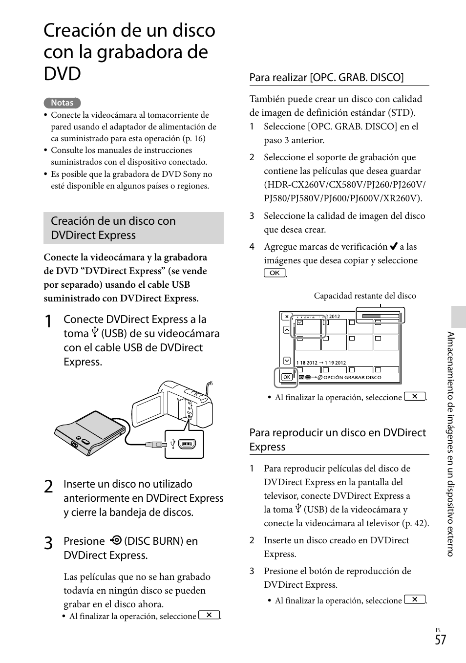 Creación de un disco con la grabadora de dvd, Creación de un disco con dvdirect express, Usb) (57, 60) | Sony HDR-XR260V User Manual | Page 151 / 191
